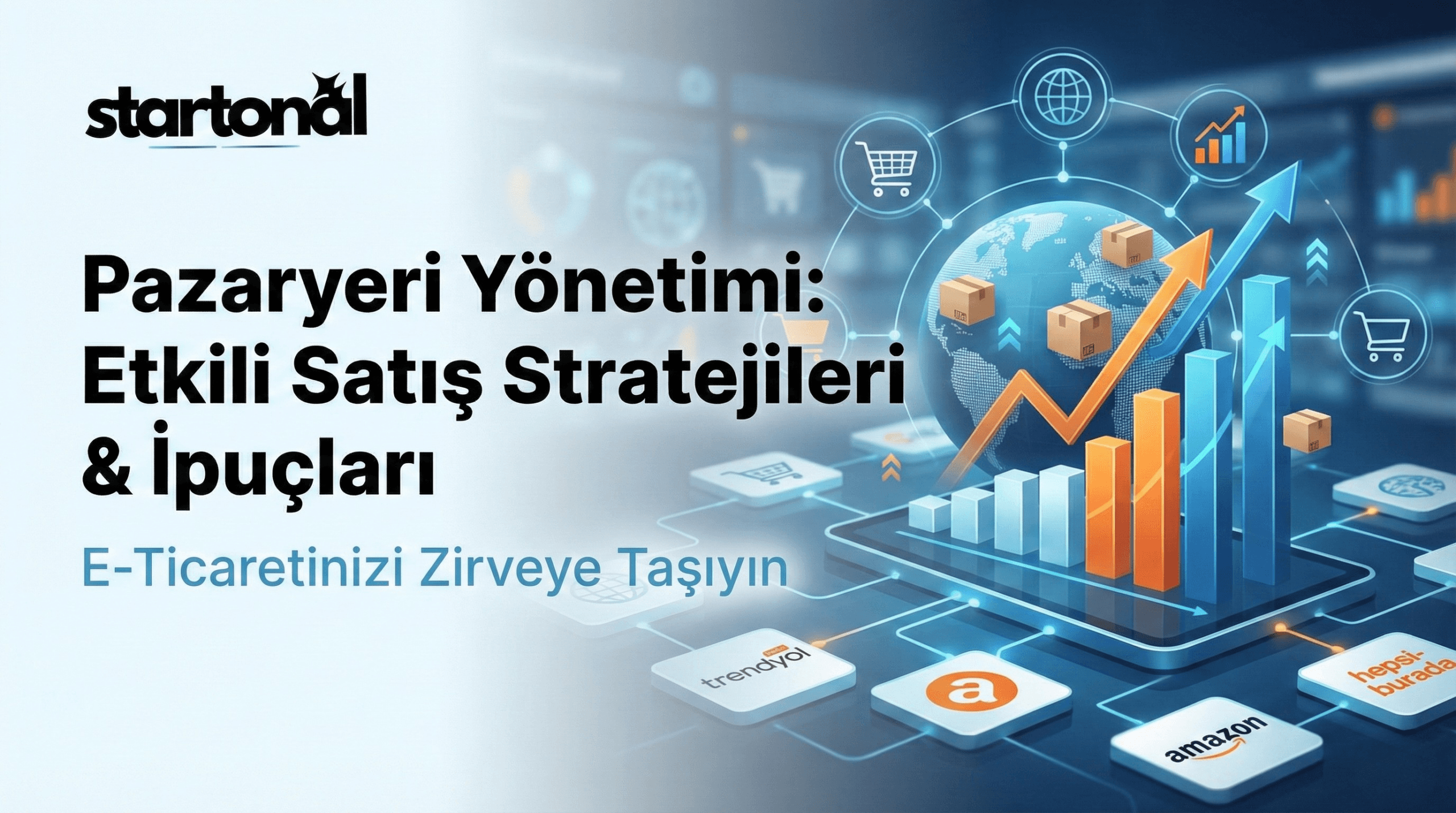 Pazaryeri logoları, kargo kutuları ve temsili satış grafikleri.