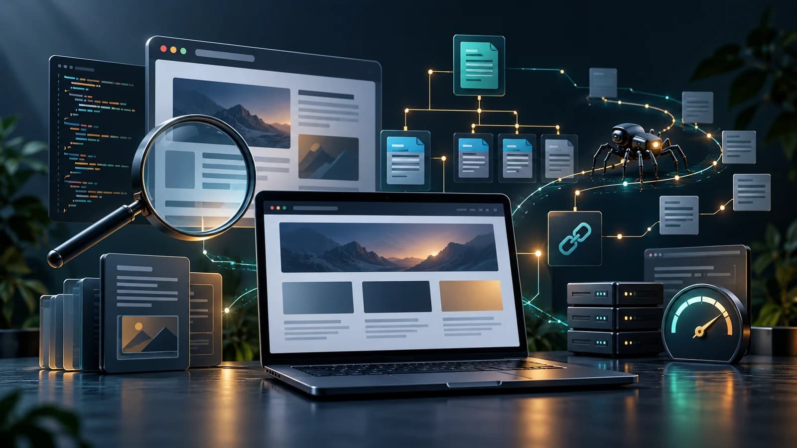 Teknik SEO taraması, site mimarisi, dahili bağlantılar ve sayfa performansını temsil eden görsel