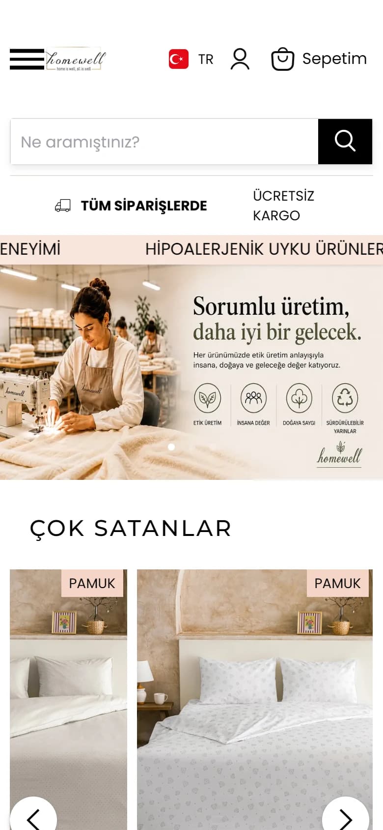 Homewell mobil web sitesi ekran görüntüsü