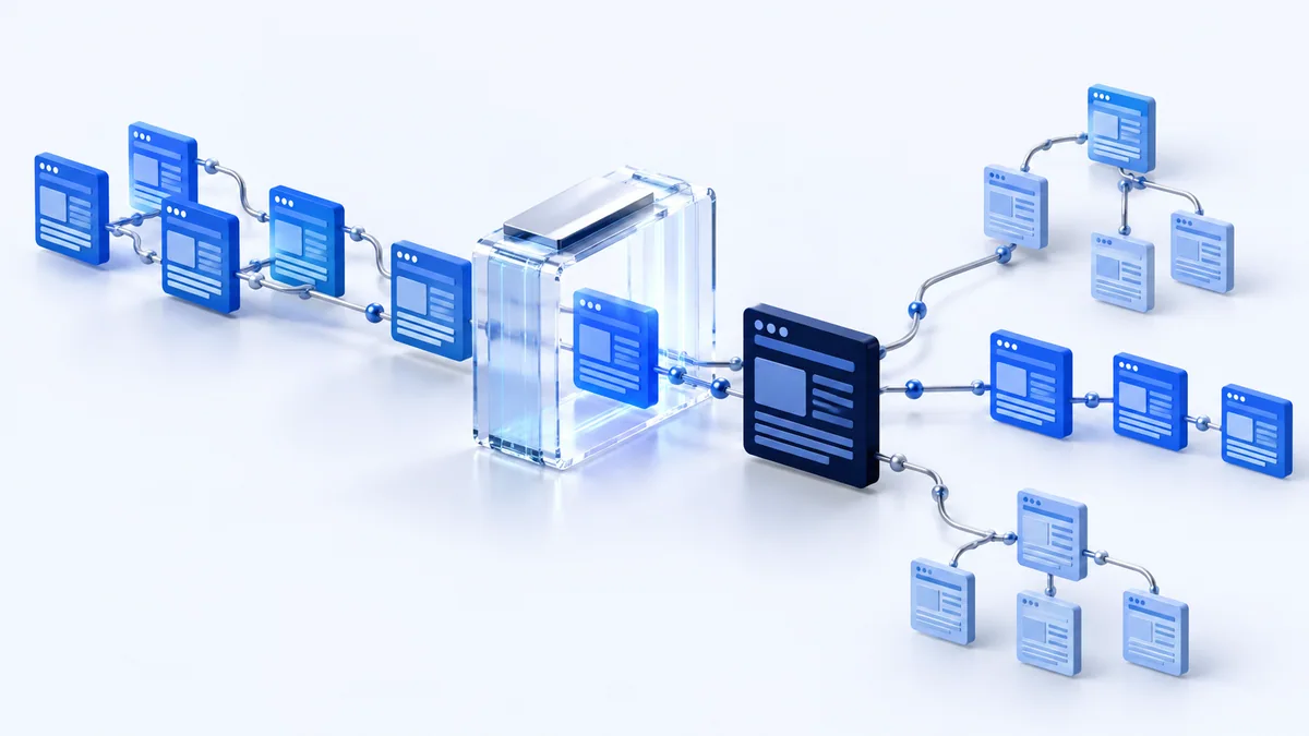 Bağlantılı sayfa düğümlerinin cam kontrol kapısından geçtiği teknik SEO ağı
