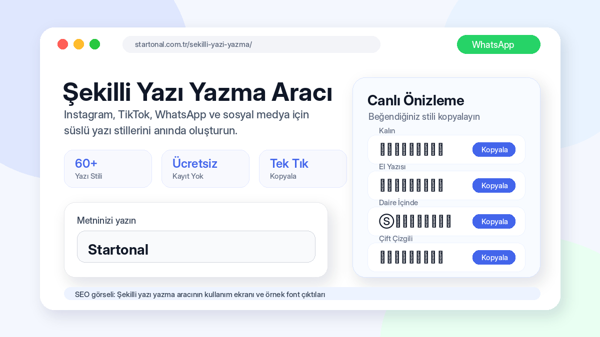 Şekilli yazı yazma aracı ekran görüntüsü – 60 farklı süslü yazı fontu ile metin dönüştürme